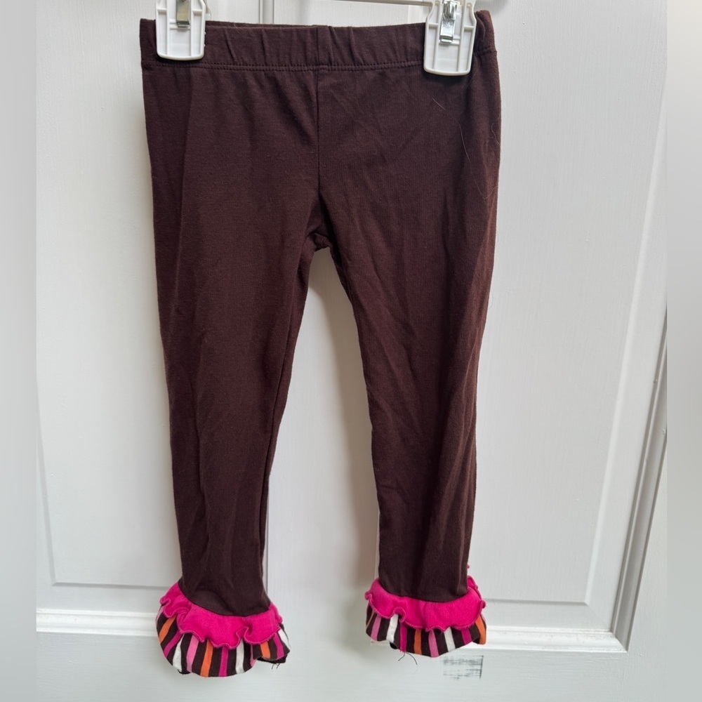 Rare, Too 2T Girls Chocolate Leggings with Vibrant Stripe Ruffle Pants